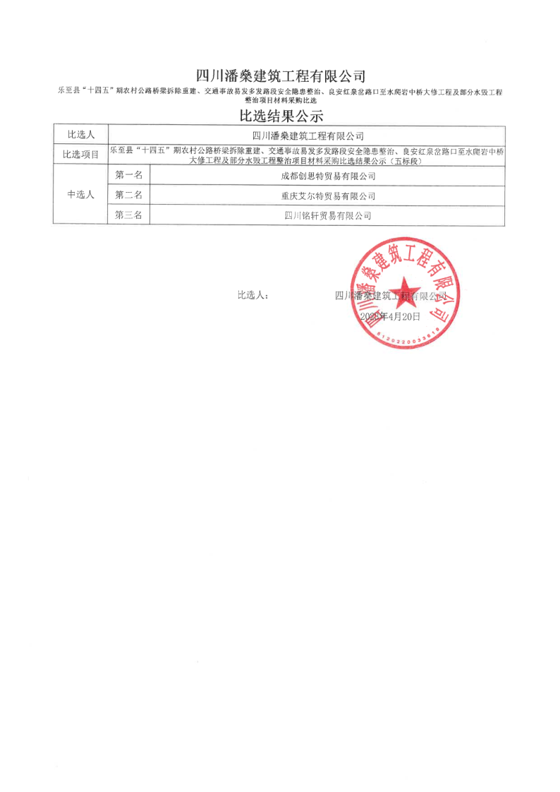 乐至县“十四五”期农村公路桥梁拆除重建、交通事故易发多发路段安全隐患整治、良安红泉岔路口至水爬岩中桥大修工程及部分水毁工程整治项目材料采购比_1