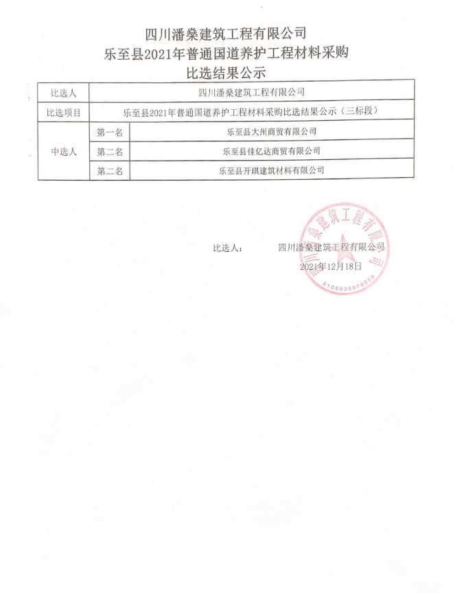 乐至县2021年普通国道养护工程材料采购（三标段）比选结果公示（12.18）