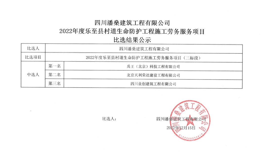 2022年度乐至县村道生命防护工程施工劳务服务项目（二标段）比选结果公示12-15